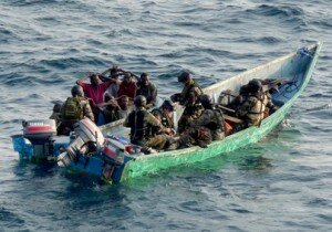 This photo, released Jan. 28, 2009 by the French Defense ministry, shows suspected pirates intercepted by Marine commandos of the French Navy in the Gulf of Aden, off Somalia's coast, on Jan. 27. The target was reported to be the Indian cargo ship 