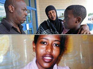 Ex-husband Asbscir Hussein, top left, along with babysitter Shukri Abdi, top centre, and son Mohamed Kati Asbscir Hussein, 12, says he could vouch for ex-wife Suaad Mohamud Haji's (in family handout photo, bottom) identity, but they haven't been asked.