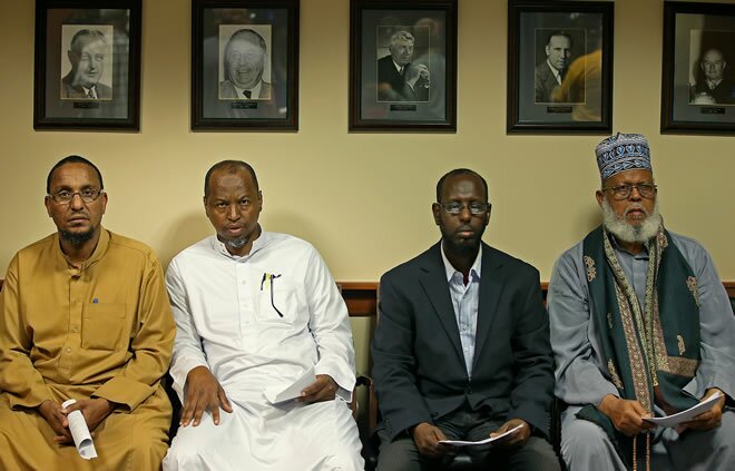 Members of the Abu Huraira Islamic Center listened Wednesday as U.S. Attorney Andrew Luger announced the filing of a lawsuit against the city of St. Anthony.