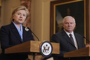 As Secretary of Defense Robert Gates, right, looks on, Secretary of State Hillary Rodham Clinton talks about the pirate attack during a news conference with Australian Foreign Minister and his delegation at the State Department in Washington, Thursday, April 9, 2009. Associated Press Â© 2009
