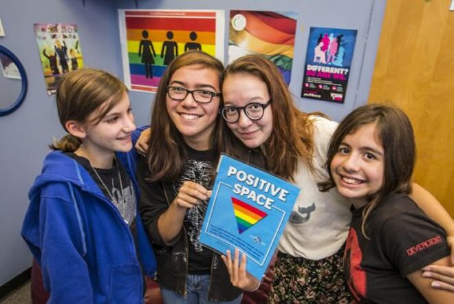 Students Charlotte Sulek 12, Nara Wrigglesworth, 13, Stella Racca, 13, and Irina Babayan,12, are members of the gay-straight alliance of Westwood Middle School, and they meet in the school's Positive Space area together. The need for these bully-free zones has been proven by the Toronto District School Board's detailed student survey. - See more at: http://hiiraan.com/news4/2014/Oct/66835/toronto_school_board_sets_higher_improvement_targets_for_students_based_on_race_sexual_orientation.aspx#sthash.LUCrXv1Z.dpuf